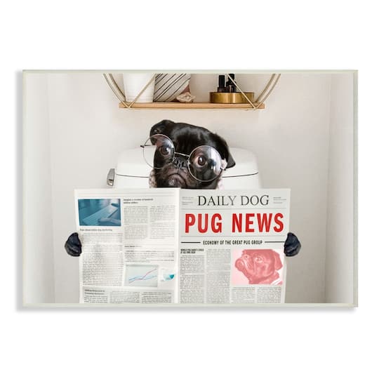 Stupell Industries Bathroom Pug Daily Toilet Briefing Dog Humor Wood Wall Plaque